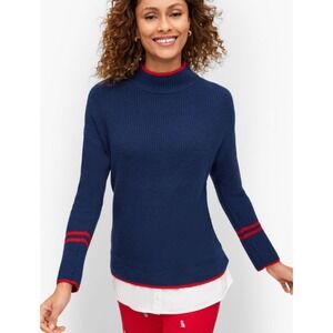TALBOTS Preppy Beachy Americana USA Red Navy Woven Hem Sweater Mock Neck MEDIUM‎